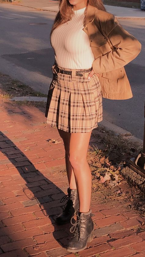 Plaid skirt, white turtkeneck, tan jacket, black heel booties , salem massachusetts Tan Plaid Skirt Outfit, Brown Checkered Skirt Outfit, Plade Skirt Outfit Aesthetic, Beige Plaid Skirt Outfit, White Top Outfit Summer, Tan Skirt Outfit, Plaid Skirt Outfit Fall, Brown Plaid Skirt Outfit, Tan Skirt Outfits