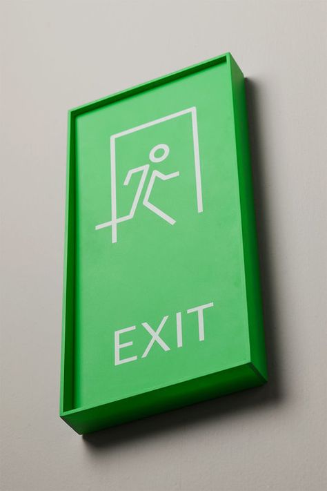 Emergency exit sign in matte painted acrylic and UV printed. Fun Signage, Room Signage, Hotel Signage, Emergency Exit Signs, Food Logo Design Inspiration, Wayfinding Signage Design, Office Signage, Indigo Design, Wayfinding Signs