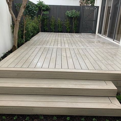 Yard Deck, Non Wood Deck Ideas, Light Timber Decking, Stepped Decking Ideas, Composite Decking Steps Ideas, Gardens With Decking, Decking Patio, Timber Tech French White Oak Deck, Decking Layout Ideas