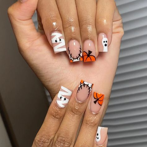 24pcs short and medium-sized fake nails, Halloween Scary Pumpkin Design Square Nail, press on Short Acrylic Nails Designs Orange, Square Nail Designs Fall, Cutesy Halloween, Country Acrylic Nails, Kids Nails, Nail Art Halloween, Holloween Nails, Fall Acrylic, Square French