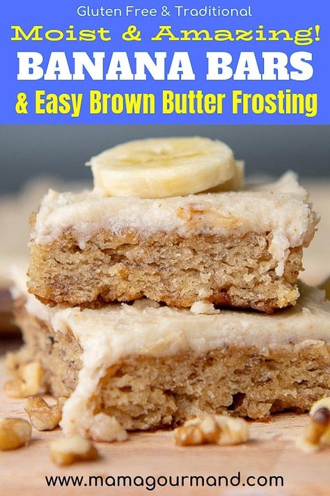 Best homemade Banana Bars recipe is a cross between banana bread and banana cake with a gooey brown butter frosting slathered on moist, easy-to-make bars. #bananabars #easy #healthy #glutenfree #chocolatechip #bananabreadbars Newest Recipes, Banana Bread Bars, Brown Butter Frosting, Banana Bars, Gateaux Cake, Butter Frosting, Thanksgiving Food, Bars Recipe, Banana Recipes