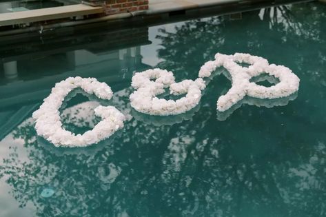 Flowers In Pool Wedding, Floating Flowers In Pool Wedding, Pool Party Wedding Decor, Pool Flowers Wedding, Engagement Party Poolside, Floating Letters For Pool, Floating Flowers In Pool, Engagement Party Pool, Pool Decorations For Wedding