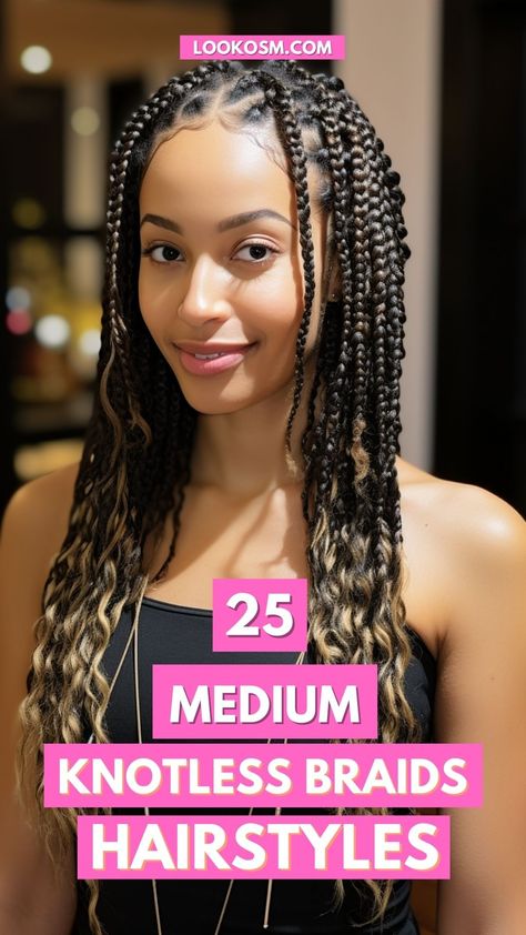 25 Medium Knotless Braids Looks That Sparkle and Shine Medium Knotless Braids Hairstyles, Scarf Braid, Medium Knotless Braids, Knotless Braids Hairstyles, Bob Hairs, Medium Knotless, Medium Box Braids, Bun Hair Piece, Hairstyle Tutorials