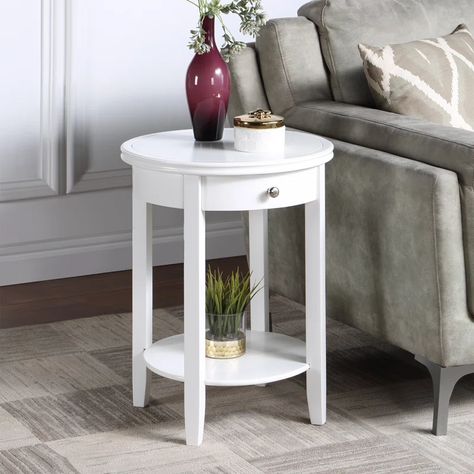 Lark Manor Antrina End Table & Reviews | Wayfair Round White Bedside Table, White Side Table Living Room, Small White Table, White Round Side Table, Small Round Side Table, Modern Tablescape, Elegant Room, End Table With Storage, Side Table With Drawer