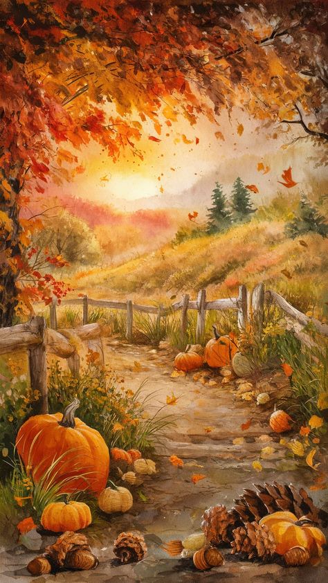 Immerse yourself in a serene autumn landscape filled with warm hues of orange and red, kissed by a golden sunset. This impressionist-style art print captures falling leaves, rustic pathways, and scattered acorns within a dreamy watercolor backdrop. Perfect for fall decor, it evokes the charm of vintage botanical illustrations and 1970s aesthetics. Ideal for art lovers and seasonal decor enthusiasts. Landscape Paintings Autumn, Fall Art Watercolor, Western Fall Pictures, Halloween Pumpkin Illustration, Vintage Autumn Illustration, Autumn Season Drawing, Vintage Fall Wallpaper, Autumn Illustration Fall, Fall Illustration Autumn