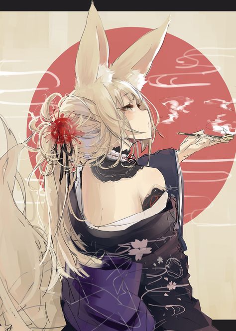 1girl animal_ears back bare_shoulders blonde_hair blush flower fox_ears fox_tail hair_flower hair_ornament holding japanese_clothes kimono kiseru kitsune long_hair long_sleeves multiple_tails off_shoulder original pipe ponytail shu-cem smoke solo spider_lily tail wide_sleeves yellow_eyes Fox Tail Hair, Spider Lily, Japanese Clothes, Tail Hair, Fox Tail, Japanese Folklore, Fox Ears, Blush Flowers, Bare Shoulders