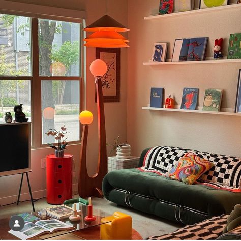 Eccentric Mid Century Modern, Maximalist Condo, Funky Mid Century Modern Living Room, 1990 Interior Design, Sofa Positioning Living Rooms, Color Block Room, Pop Art Apartment, Post Modern Living Room, Colorful Condo