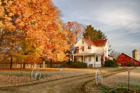 Vintage Cottagecore House Exterior, Southern Cottagecore, Fall Houses, Tis Autumn, Orange Farm, Autumn Farmhouse, Old Farm Houses, Farmhouse Exterior, Dirt Road