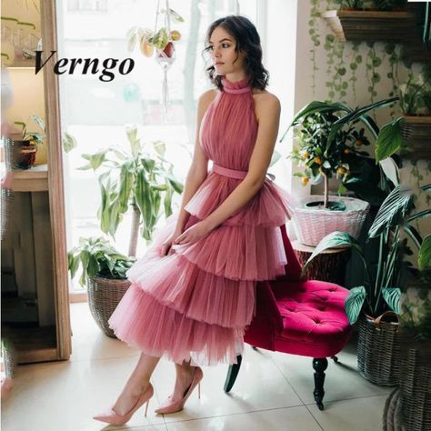 Verngo 2021 Wedding guest dress tulle a line high neck tea length sleeveless tiered maxi dress for women party bridesmaid gown _ - AliExpress Mobile Wedding Guest Dress Tulle, Collar Neck Dress, Vestidos Para Baby Shower, Dress For Women Party, Lace Maternity Gown, Dama Dresses, Art Islamic, Ayatul Kursi, Dusty Rose Dress