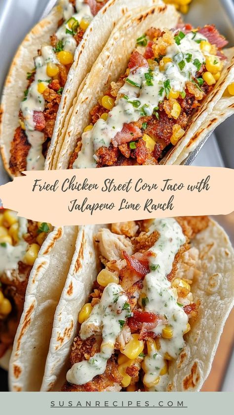 Indulge in the crispy, spicy goodness of fried chicken street corn tacos, drizzled with a zesty jalapeño lime ranch—taco perfection! 🌶️🌮 #StreetCornTaco #FriedChickenMagic #JalapenoLimeRanch #TacoLove #FlavorFiesta #CrispyAndSpicy #TacoPerfection #MexicanFlavors #TacoGoals #ZestyDelight 🌶️🌮 Mexican Street Corn Chicken Wraps, Mexican Street Corn Baked Chicken, Chicken Street Corn Tacos, Fried Chicken Street Corn Tacos, Chicken Street Corn, Best Street Tacos, Street Corn Tacos, Mexican Street Corn Chicken, Bacon Tacos