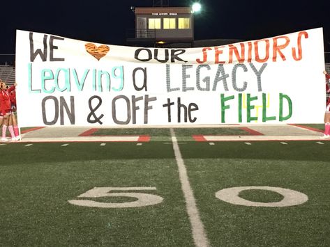 Senior Football Banners High Schools, Senior Run Through Signs, Senior Night Banners Football, Senior Cheer Ideas, Senior Night Banners, Senior Night Run Through Signs, Senior Night Banner, Senior Night Signs, Senior Night Football Ideas