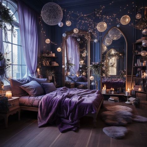 Purple Fantasy Bedroom, Celestial Furniture Diy, Purple Whimsigoth Room, Celestial Bedroom Aesthetic, Purple Boho Bedroom, Magic Bedroom, Witchy Bedroom Ideas, Galaxy Room, Goth Bedroom