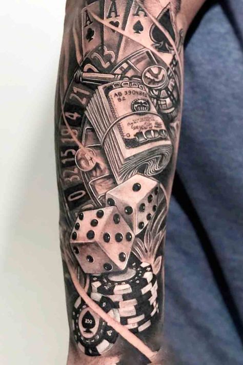 Roulette Tattoo, Lifes A Gamble Tattoo, Tattoos Arm Mann, Joker Card Tattoo, Casino Tattoo, Dice Tattoo, Half Sleeve Tattoos Forearm, Chicano Tattoos Sleeve, Vegas Tattoo