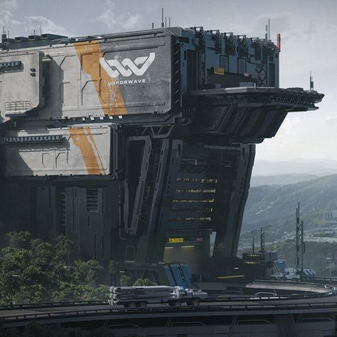 "Military Bas" by Cheng-Hang Liu Sci-fi Environment, Sci Fi Apocalypse, Sci Fi Building Concept Art, Scifi Industrial, Eco Futurism, Building Concept Art, Cyberpunk Architecture, Scifi Landscape, Cafe Shops