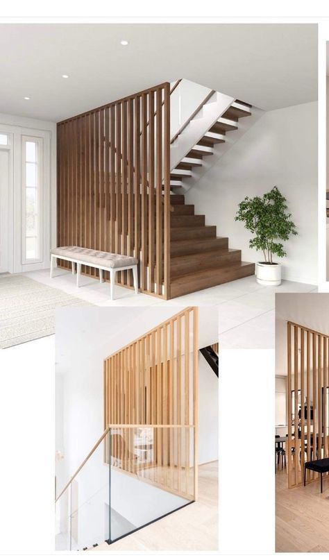 Slatted Wall Staircase, Stair Divider, Staircase Screen, Return Staircase, Switchback Staircase, Enclosed Staircase Ideas, Stairs Wooden, Stairs Decoration, Indoor Stairs