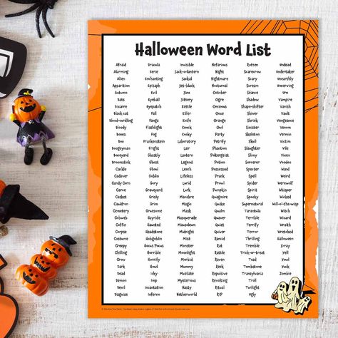 Halloween Word List Halloween Pictionary Word List, Halloween Words List, Pictionary Word List, Words For Writing, Halloween Writing Paper, Pictionary Words, Vocab Activities, Halloween Trivia, Spooky Words