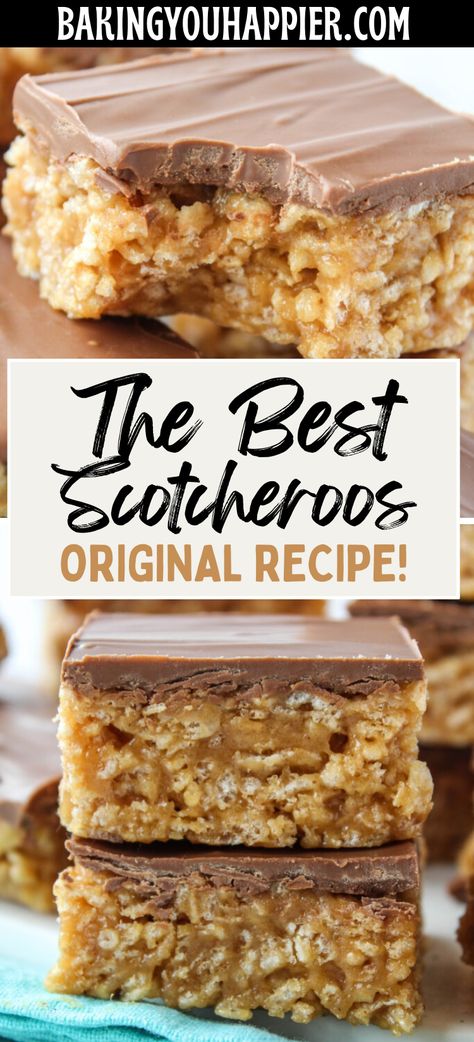 The Best Scotcheroos, this classic recipe for soft and chewy Scotcheroos is perfect for parties or potlucks! Toll House Squares, Scotcheroos Without Corn Syrup, Potluck Cookie Recipes, Microwave Scotcharoos Recipe, Healthy Scotcheroos Recipe, Scotcharoos Recipe With Marshmallow, Scotcharoos With Cornflakes, Best Scotcheroos Recipe, Chex Scotcheroos Clusters