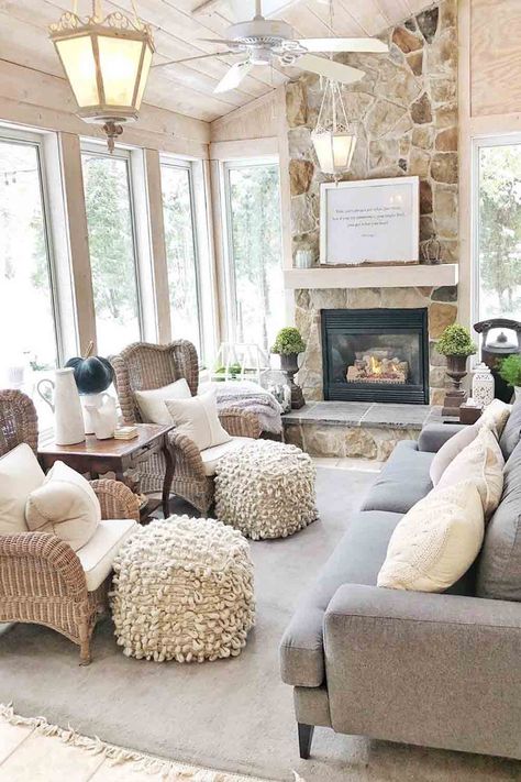 I like the ottoman that doesn't match the armchair. Sunroom With Fireplace, Rustic Sunroom, Small Sunroom, Four Seasons Room, Sunroom Furniture, Sunroom Ideas, Sunroom Decorating, Sunroom Designs, Home Additions