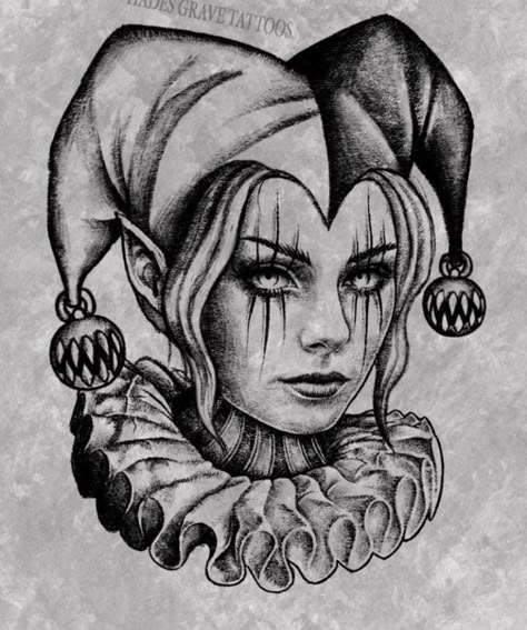 Gothic Clown Tattoo, Art The Clown Drawing, Joker And Harley Tattoo, Jester Tattoo, Gangster Drawings, Harley Tattoos, Medusa Tattoo Design, African Tattoo, Clown Tattoo