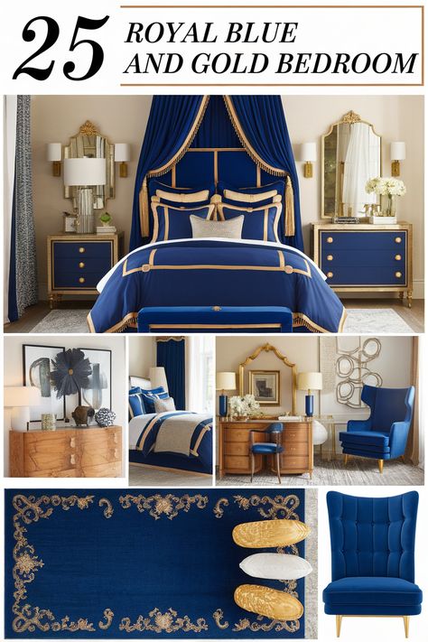 Royal blue and gold bedroom ideas create an atmosphere of elegance and grandeur. Explore deep blue walls, gold accents, and luxurious bedding. Discover tufted royal blue headboards, gold-framed mirrors, and ornate chandeliers. Find inspiration for blue and gold damask patterns, velvet curtains, and gilded decorative objects.  Transform your bedroom into a majestic retreat that seamlessly blends rich color with glamorous metallic touches. Royal Blue Bedroom Decor, Blue Gold Bedroom Ideas, Royal Blue And Gold Bedroom, Blue Gold Bedroom, Blue And Gold Bedroom Ideas, Royal Blue Curtains, Royal Blue Throw Pillows, Royal Blue Bedrooms, Blue Velvet Headboard