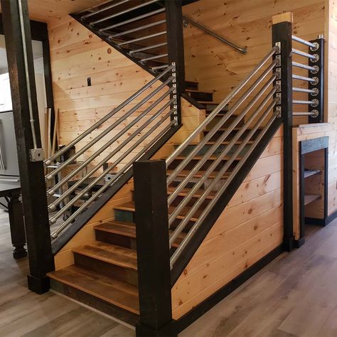 Unique Options for Stair Railing at Home | Simplified Building Copper Railing Stairs, Loft Handrail Ideas, Interior Metal Railing, Stair Railing Ideas Outdoor, Rebar Stair Railing, Railing Design Outdoor, Railing Ideas Outdoor, Outdoor Stair Railing Ideas, Indoor Stair Railing Ideas