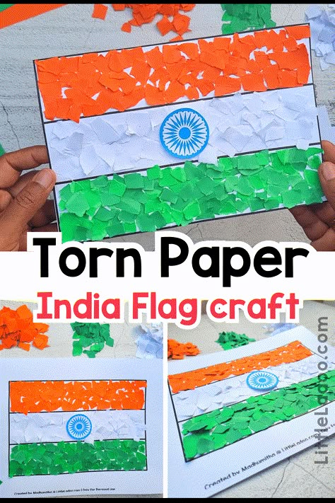 Torn Paper India Flag Craft Independence Day Preschool Crafts, International Day At School Ideas India, Republic Day Activity For Kindergarten, Flags Preschool Activities, Indian Flag Craft For Kids, Flag Activity For Preschool, Independence Day Ideas For Kids, Independence Activity For Kids, Independence Day Kids Activities