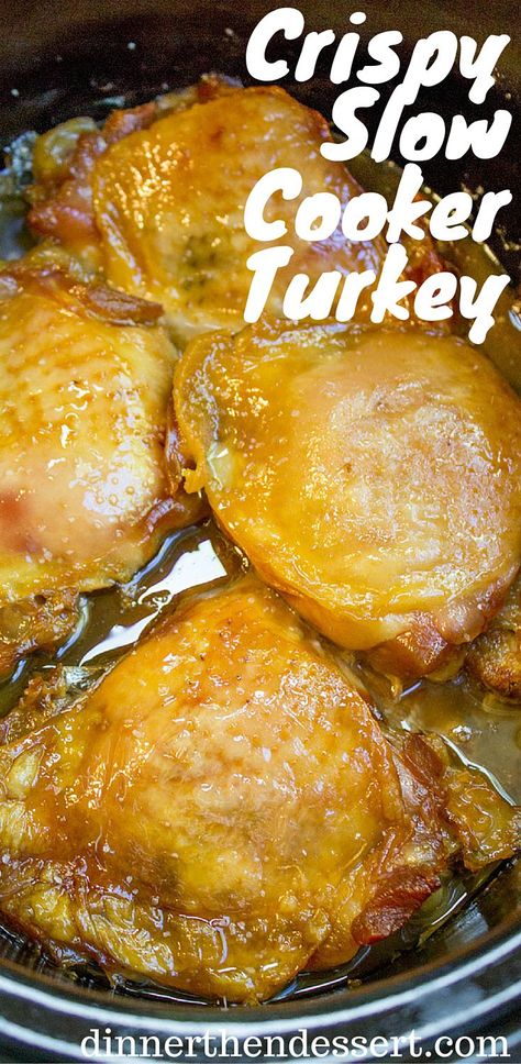 Crispy Slow Cooker Turkey Thighs are juicy, crispy, tender and a total breeze to make on a weeknight! Also includes 10 different ways to add different flavors with almost no effort! /eatturkey/ #ad Turkey Thigh Recipes, Turkey Thighs, Dinner Then Dessert, Crockpot Turkey, Diy Easy Recipes, Slow Cooker Turkey, Turkey Recipe, Turkey Dinner, Crock Pot Slow Cooker