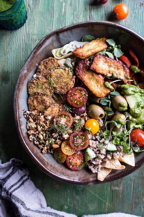 Greek Goddess Grain Bowl | Half Baked Harvest Budha Bowls, Harvest Bowls, Grain Bowl Recipe, Breakfast Bowls Recipe, Fried Halloumi, Zucchini Recipes Healthy, Fried Zucchini, Healthy Bowls Recipes, Winter Cooking