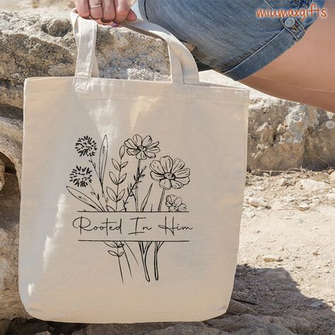 Wildflower Christian Tote Bag Rooted in Him Bible Verse Bag - Etsy Jesus Tote Bag, Bible Tote Bag, Diy Tote Bag Design, Painted Canvas Bags, Tote Bag Christian, Handpainted Tote Bags, Canvas Bag Design, Christian Tote Bags, Bible Bag