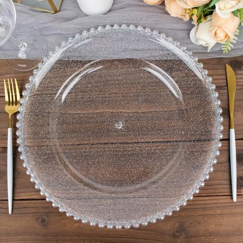 Explore our 6-pack of 12" clear silver acrylic plastic beaded rim charger plates. Perfect for enhancing your dining experience. ✓ Buy now! Acrylic Charger Plates, Silver Charger Plates, Green Kitchen Accessories, Charger Plates Wedding, Pipe And Drape Backdrop, Belle Birthday, Pipe And Drape, Plate Decor, Glitter Acrylic