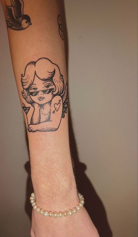 Angel Leg Tattoos Women, Leg Angel Tattoo, 2 Angels Tattoo, Angel Flash Tattoo, Bratz Tattoo Design, Modelo Tattoo, Pet Portrait Tattoos, Angel Tattoo For Women, Baby Tattoo Designs