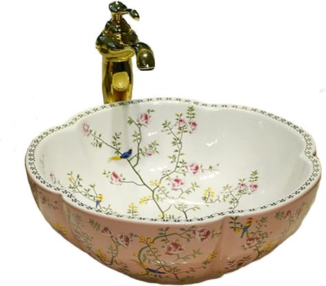 Lavabo D Angle, Undermount Bathroom Sink, Vessel Bathroom Sink, Bird Pattern, Vessel Sink Bathroom, Flower Bird, Pink Ceramic, Basin Sink, Vessel Sinks