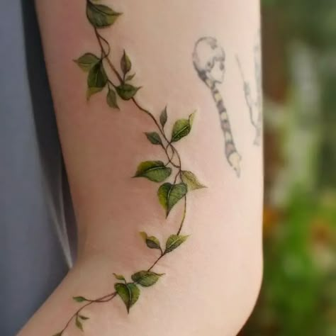 Nezuko Vine Tattoo, Ivy Tattoo Vines For Women, Pathos Tattoo, Whimsical Tattoo Sleeve, Wraparound Tattoo, Green Tattoo, Muster Tattoos, Vine Tattoos, Tatuaje A Color