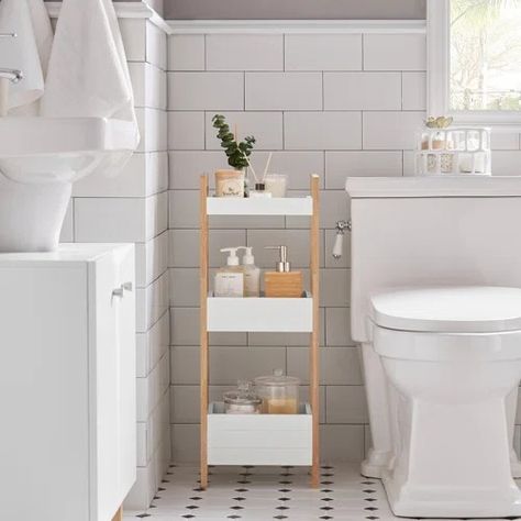 Bathroom Floor Shelf | Wayfair Freestanding Bathroom Shelves, Best Bathroom Flooring, Floor Shelf, Bathroom Storage Shelves, White Storage, Cabinet Shelving, Stylish Storage Solutions, Bathroom Cabinets, Garden Storage