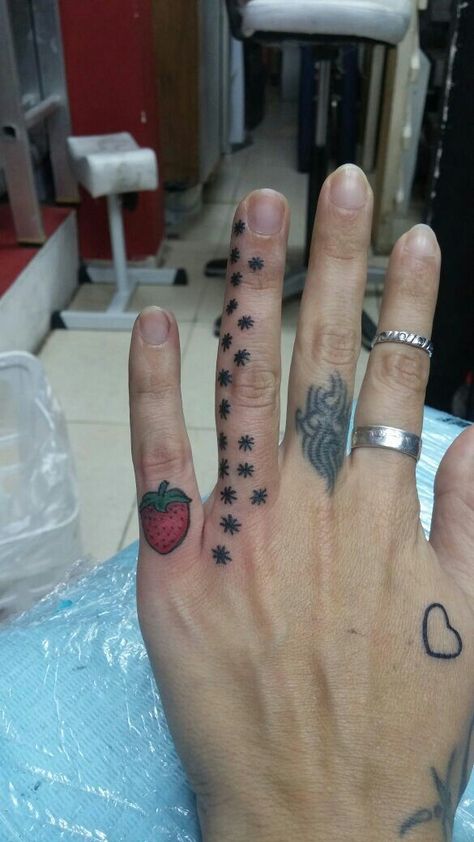 Strawberry tattoo Fingers tattoo Chocolate Covered Strawberry Tattoo, Strawberry Finger Tattoo, Tattoo Fingers, Fingers Tattoo, Toe Tattoos, Strawberry Tattoo, Journal Therapy, Art Journal Therapy, Matching Tattoos