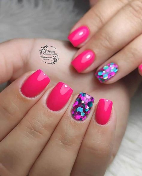 Neon Pink Nails Design Summer, Neon Pink With Glitter Nails, Neon Pink Nails Art, Neon Pink Sparkle Nails, Florescent Pink Nails Neon, Neon Pink Jewelry, Neon Purple Nails, Summer Nails Neon, Bright Summer Nails Designs