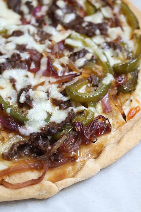 Philly Cheesesteak Pizza, Homemade Philly Cheesesteak, Philly Cheese Steak Pizza, Cheesesteak Pizza, Incredible Pizza, Steak Pizza, Wheat Pizza Dough, Philly Steak, Focaccia Pizza