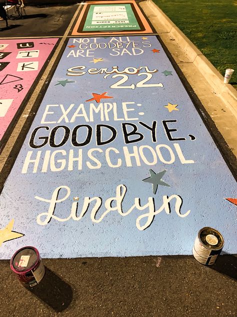 Senior parking spot Best Friend Matching Senior Parking Spots, Funny Parking Spots, Painted Parking Spots Senior Girls, Highschool Parking Spot Ideas, Senior Spots, Unique Senior Parking Spot Ideas, Parking Spot Ideas, Graduation Aesthetic, Parking Lot Painting