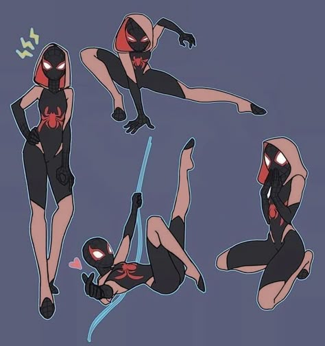 Spider Sona Art Pose, Spiderman Oc Drawing, Spidergirl Poses Reference, Spiderwoman Poses Reference, Spidergirl Suit Designs, Spiderman Oc Poses, Spidersona Purple, Spiderverse Poses, Spidergirl Suit