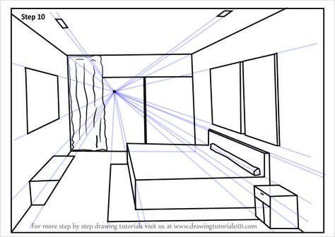 How to Draw One Point Perspective Bedroom (One Point Perspective) Step by Step One Point Perspective Bedroom, Perspective Drawing One Point, Perspective Step By Step, One Perspective Drawing, One Point Perspective Room, Room Perspective Drawing, 1 Point Perspective Drawing, Dream House Drawing, 2 Point Perspective Drawing