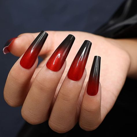 red nails, red ombre nails, andging valantines day press, nails, Halloween Nails Ombre, Red Black Ombre, Nail Painting Tips, Black Fake Nails, Cute Red Nails, Ombre Coffin, Turkey Nails, Hair Doos, Black Ombre Nails