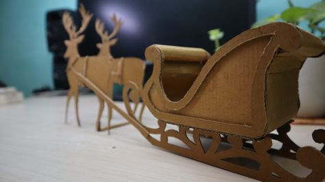 Reindeer and Sleigh How To Make A Christmas Sleigh, Cardboard Sleigh Template, Cardboard Santa Sleigh, Cardboard Sleigh, Make Santa Claus, Santa Claus Sleigh, Reindeer Sleigh, Cardboard Craft, Sleigh Christmas