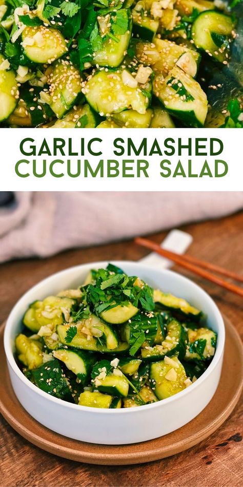 Savory and garlicky smashed cucumber salad is refreshing and pairs perfectly with every meal. Chinese Garlic Cucumber Salad, Cucumber Garlic Salad, Garlic Cucumber Chinese, Smashed Cucumber Salad Asian, Garlic Cucumber Salad, Smashed Cucumbers, Smashed Cucumber, Smashed Cucumber Salad, Chinese Garlic