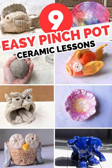 Beginners will love these 9 easy pinch pot clay ideas. These 3-d art projects are the perfect way to incorporate sculpture lessons. Summer Pottery Ideas, Clay Pinch Pot Ideas, Clay Projects Kids, Pinch Pot Ideas, Ceramic Lessons, Clay Pinch Pots, Clay Projects For Kids, Ceramic Pinch Pots, Clay Lesson