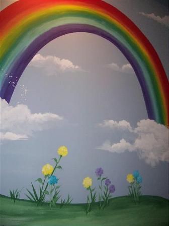 Rainbow Themed Nursery, Playroom Paint, Girls Rainbow Bedroom, Rainbow Wall Mural, Rainbow Mural, Fairytale Bedroom, Room Murals, Rainbow Bedroom, Kids Room Murals