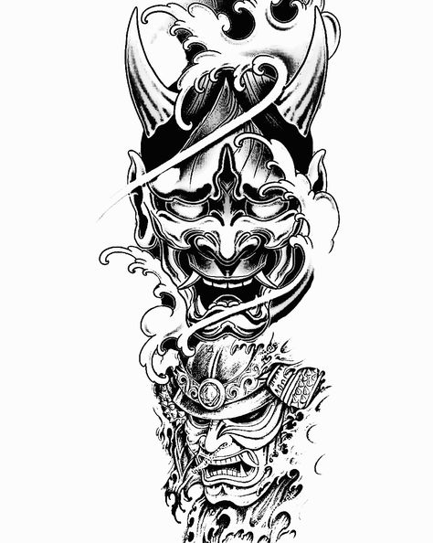 Japanese Mask Tattoo Sleeve, 2 Mask Tattoo, Samurai Mask Tattoo Warriors, Oni Mask Tattoo Sleeve, Samurai Leg Tattoo, Japanese Hand Tattoos, Japanese Mask Tattoo, Samurai Tattoo Sleeve, Half Sleeve Tattoo Stencils