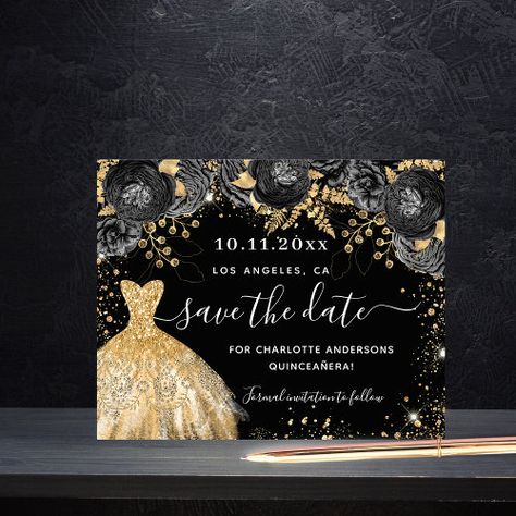 Quinceanera Black Gold Dress Budget Save The Date Flyer #zazzle #weddinginvitations #birthdayinvitations #babyshowerinvitations #zazzleinvitations #monogram #businesscards #graduation #homedecor Black Gold Dress, Gold And Black Dress, Golden Dress, Budget Saving, Save The Date Card, 15th Birthday, Graduation Cards, Zazzle Invitations, Save The Date Cards