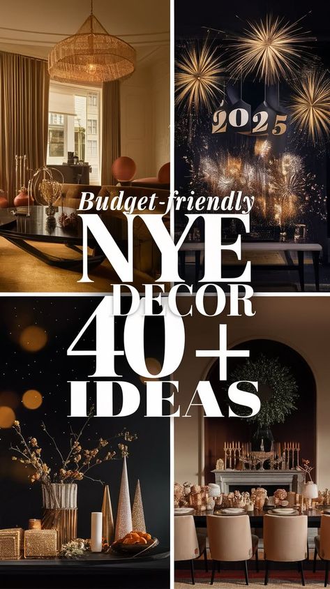 NYE Home Party: 40+ Beautiful Decoration Ideas Simple New Year Decorations At Home, Nye Home Decor, Elegant Nye Party, New Years Mantle, Decoracion Happy New Year, Newyear Decoration Ideas, New Years Party Ideas Decoration, New Year’s Eve Table Decor Party, New Year’s Eve Decor