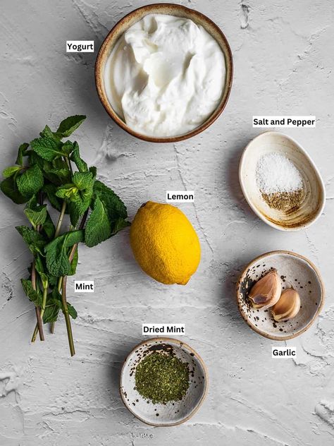 Mint Yogurt Sauce (with Garlic and Lemon) - Urban Farm and Kitchen Mint Sauce Recipe, Taziki Sauce, Lemon Yogurt Sauce, Yogurt Substitute, Lemon Dip, Turkish Yogurt, Mint Yogurt Sauce, Lemon Garlic Sauce, Beef Kebabs