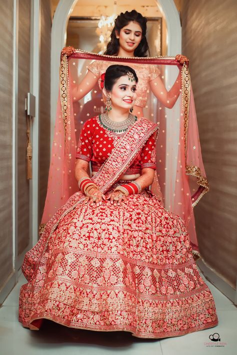 Beautiful Pranshoo on her wedding day . . . #wedding #weddingdress #weddingphotography #weddinginspiration #bridalmakeup #bridal #photographer #photographers_of_india #cinestyleindia #weddingday #indianbrides #wedmegood  contact @ 9814404141 Sister Marriage Photo Pose, Wedding Poses For Sisters, Dulhan Poses Wedding Photos, Bridal Poses With Sister, Bride Shoot Ideas, Wedding Photos With Sister, Poses For Bridal Photoshoot, Bride Pics Indian, Bride Photo Ideas Wedding Day